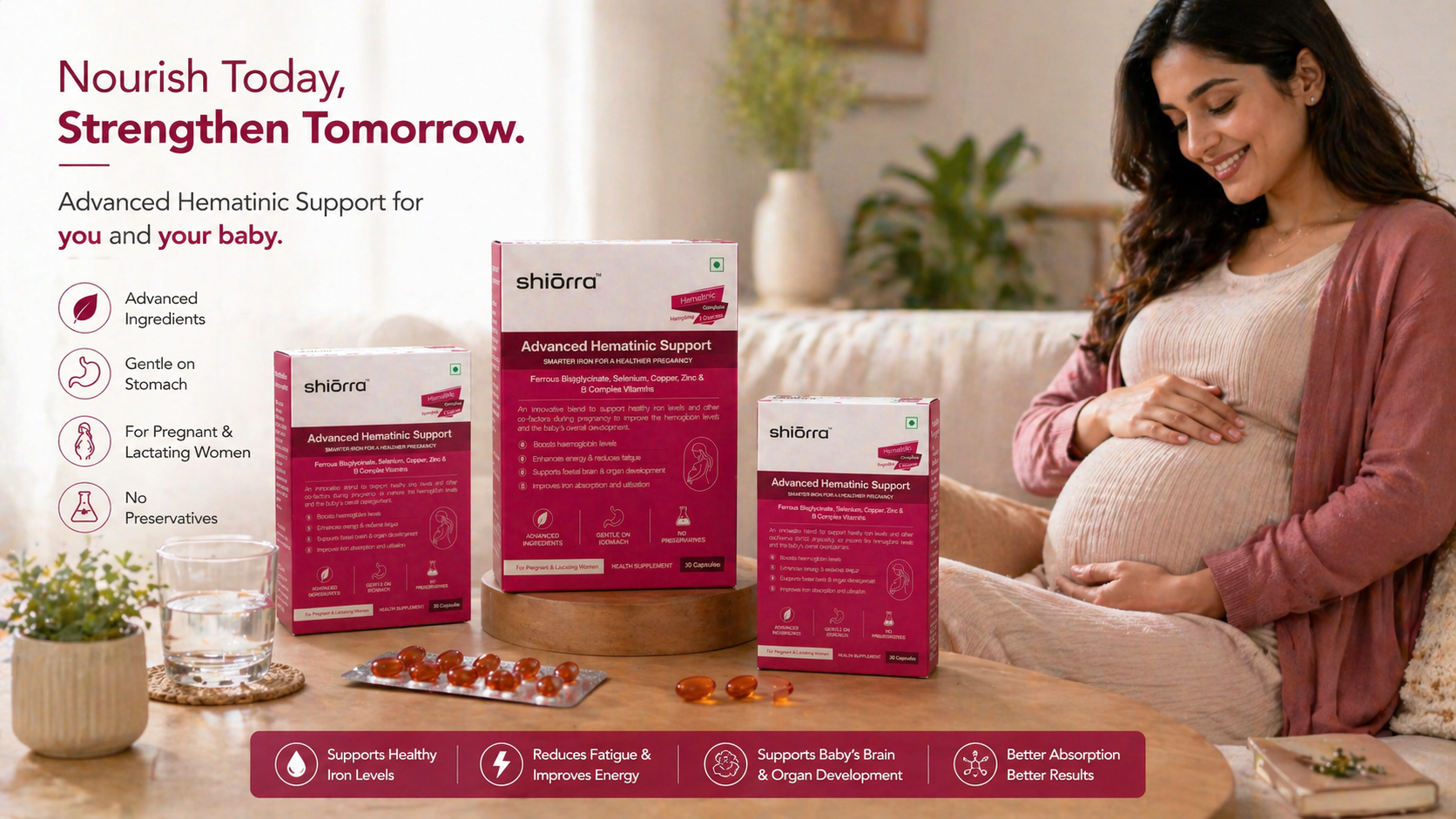 Pregnant woman cradling her bump beside Shiōrra Advanced Iron+ boxes — Nourish Today, Strengthen Tomorrow