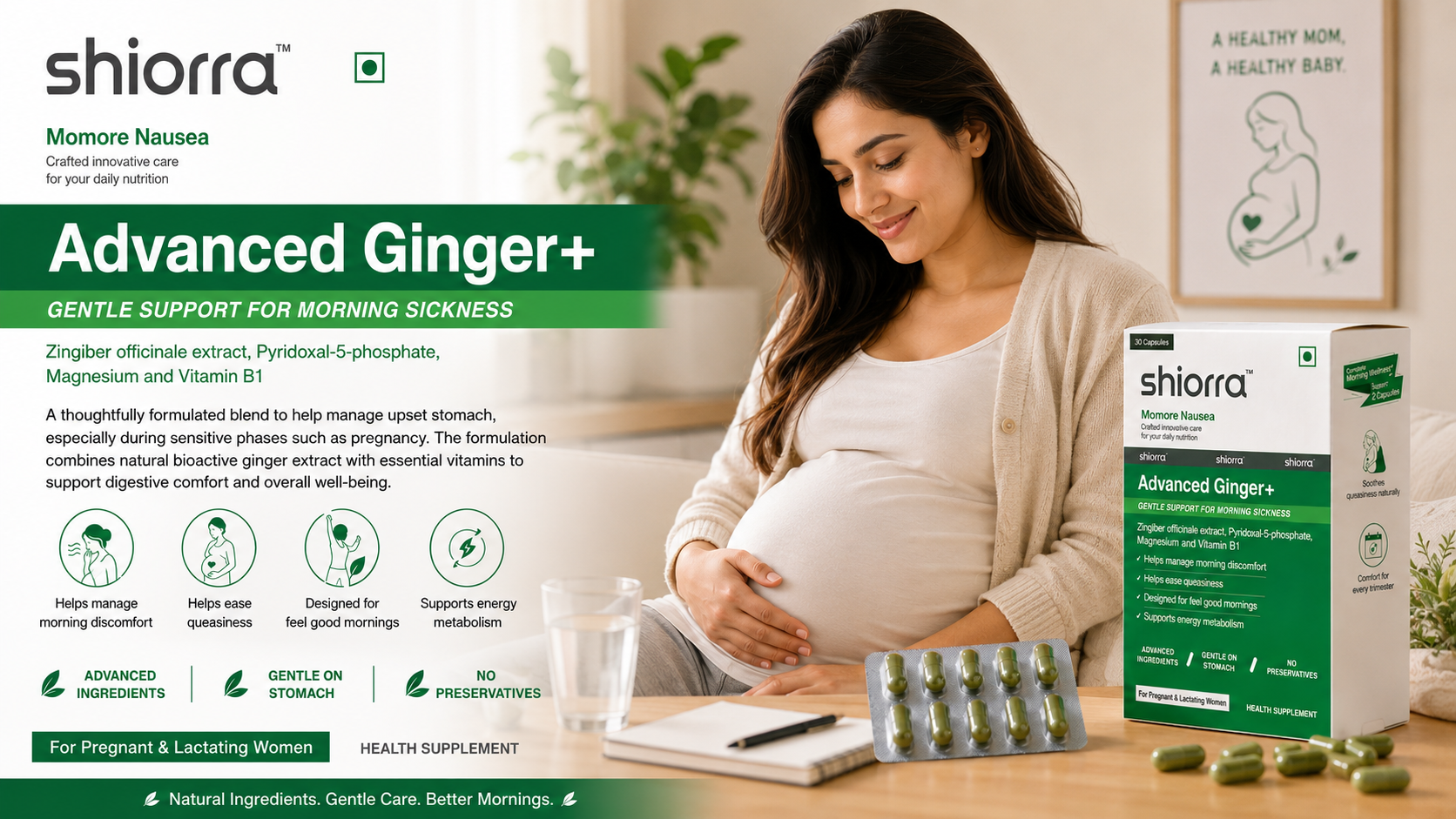 Pregnant woman cradling her bump beside Shiōrra Advanced Ginger+ box and benefit chips — Gentle Support for Morning Sickness