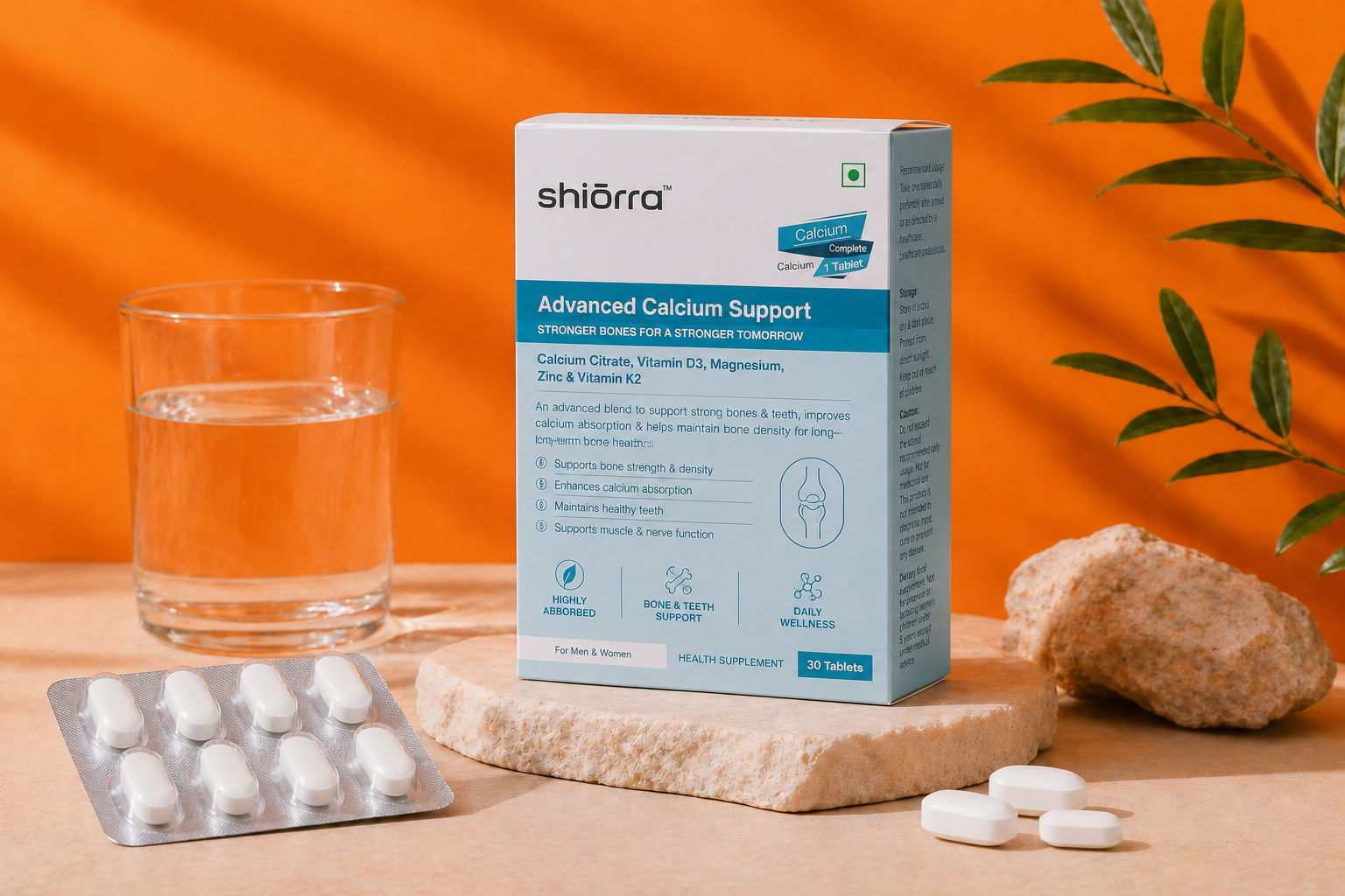 Shiōrra Advanced Calcium+ box with capsule blister on a warm backdrop