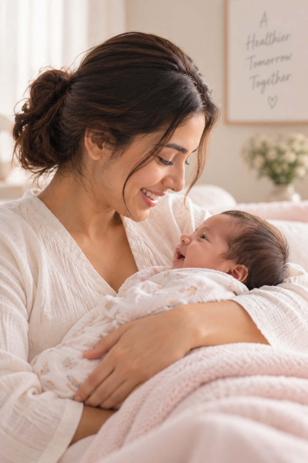 A new mother smiling down at the baby in her arms