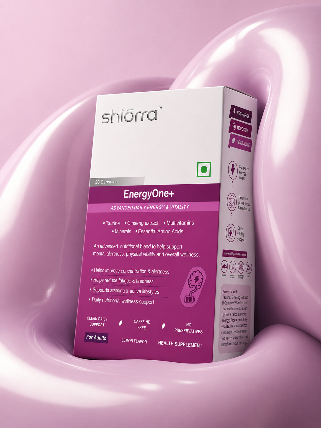 Shiōrra EnergyOne+ pack set into a glossy lilac swirl