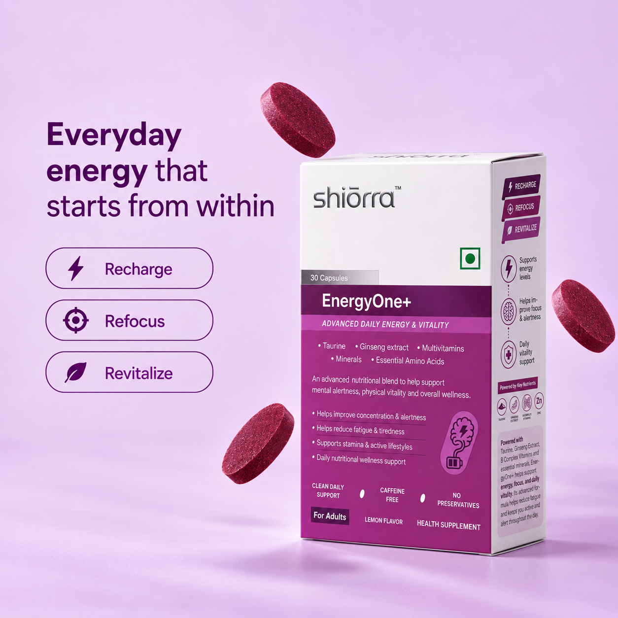 A hand holding the Shiōrra EnergyOne+ pack, blister of purple capsules raised behind it, on a lilac backdrop