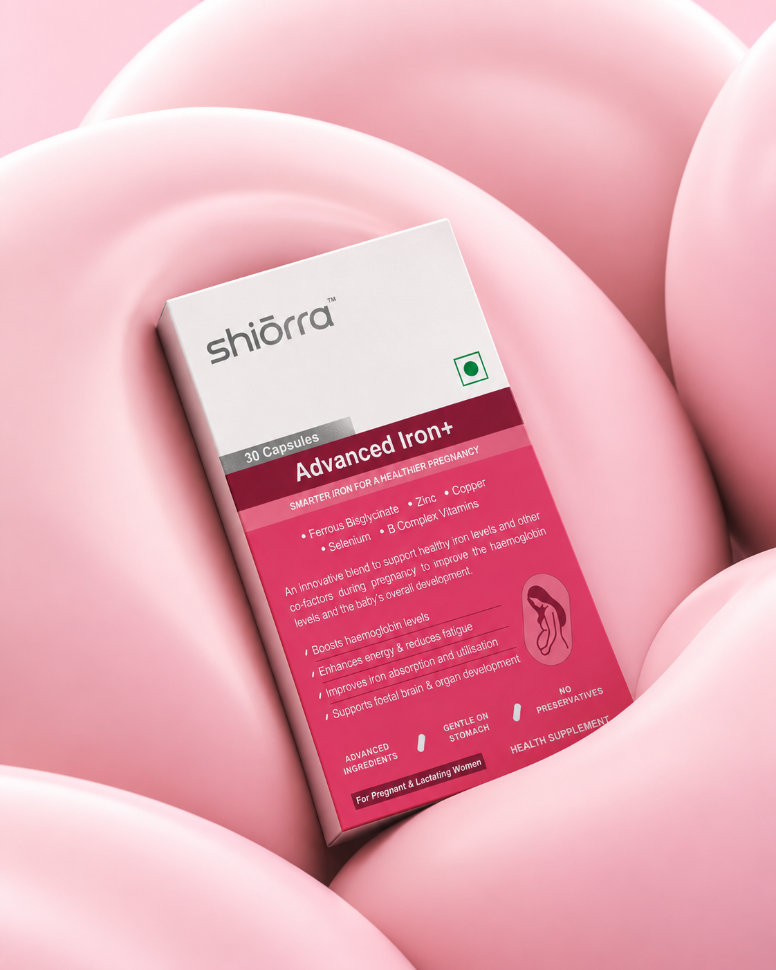 Shiōrra Advanced Iron+ pack nestled in soft sculptural pink forms