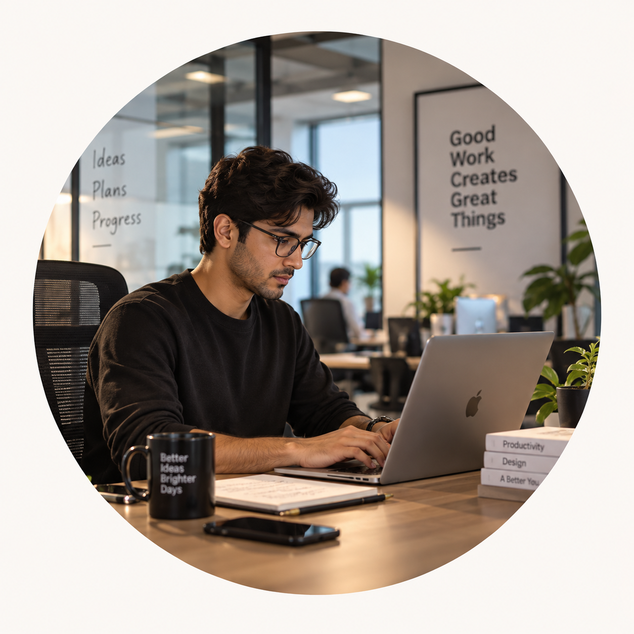 A young man working at his desk in an office